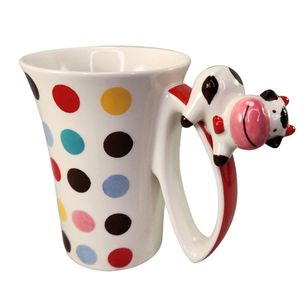 Cow on Handle Mug Coffee Tall Cup Polka Dot Colorful Whimsical Stoneware READ